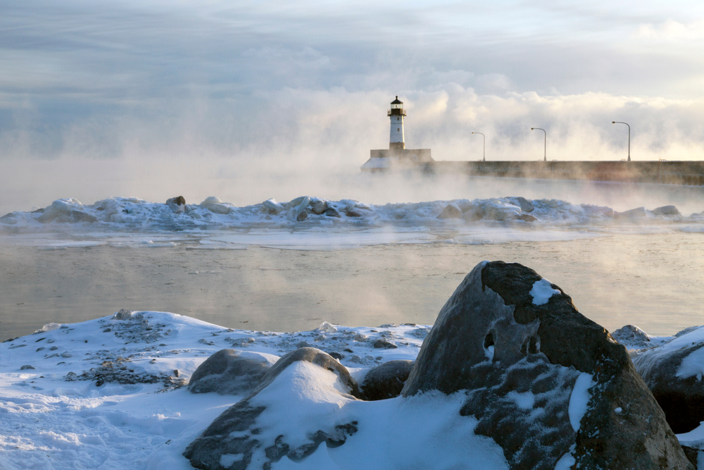 Duluth North Pier Lighthouse in winter